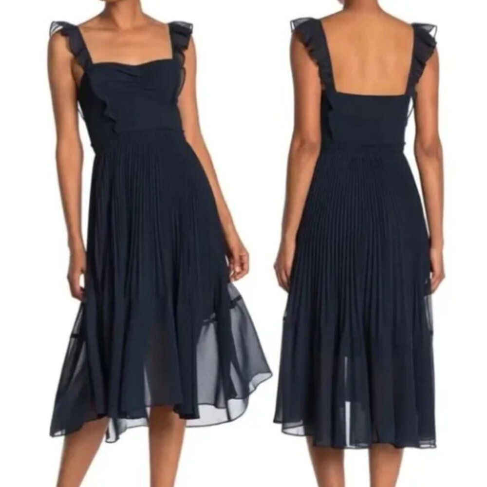 Club Monaco Navy Chiffon Pleated Ruffle Strap Sweetheart Midi Dress Sz 6 Formal